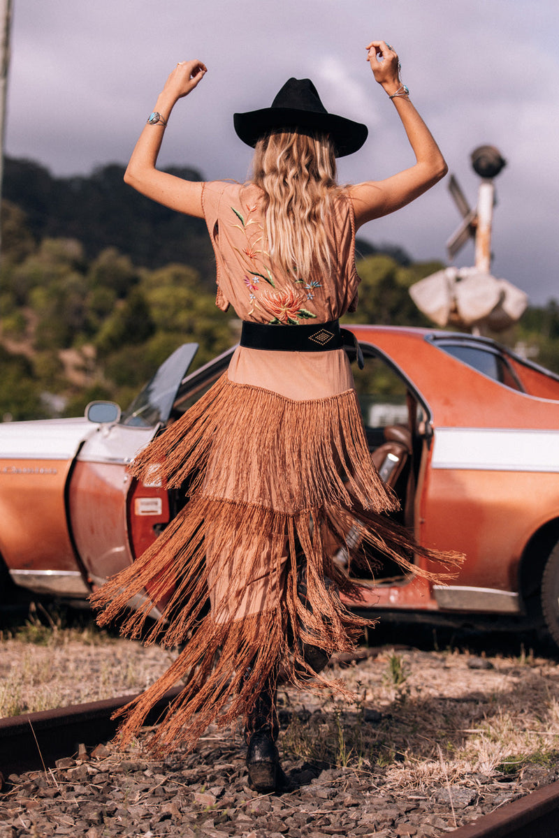 Don’t Look Back Fringe Maxi Dress - Caramel - Chasing Unicorns