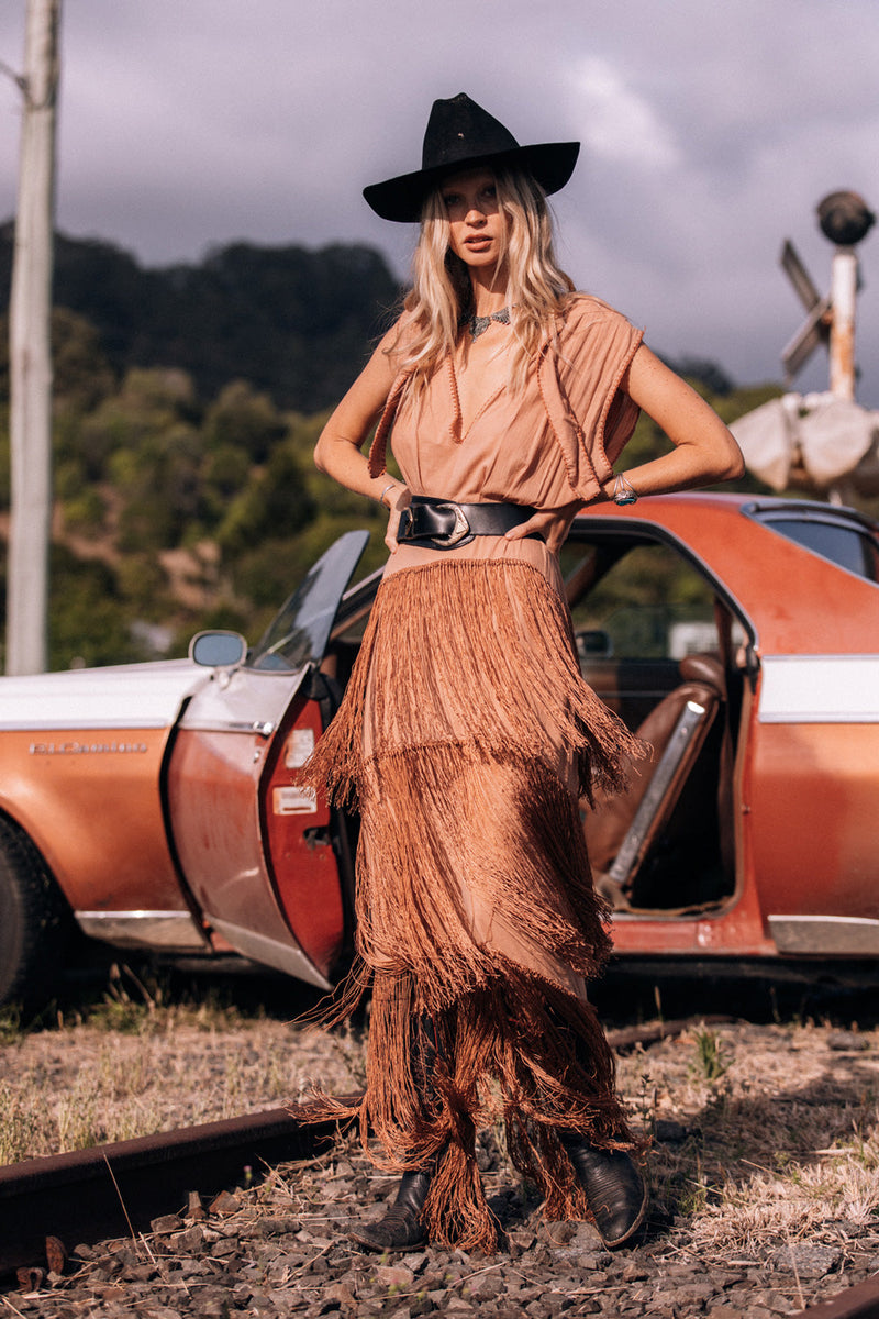 Don’t Look Back Fringe Maxi Dress - Caramel - Chasing Unicorns