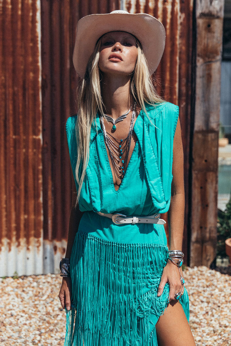 Don’t Look Back Fringe Maxi Dress - Turquoise - Chasing Unicorns