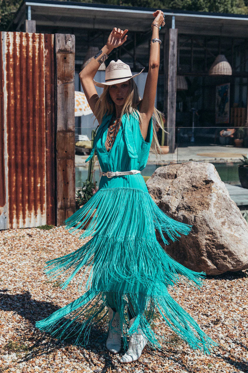 Don’t Look Back Fringe Maxi Dress - Turquoise - Chasing Unicorns