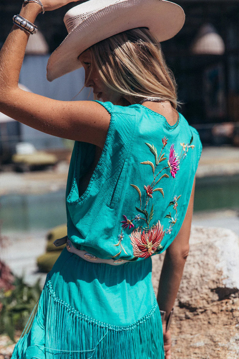 Don’t Look Back Fringe Maxi Dress - Turquoise - Chasing Unicorns