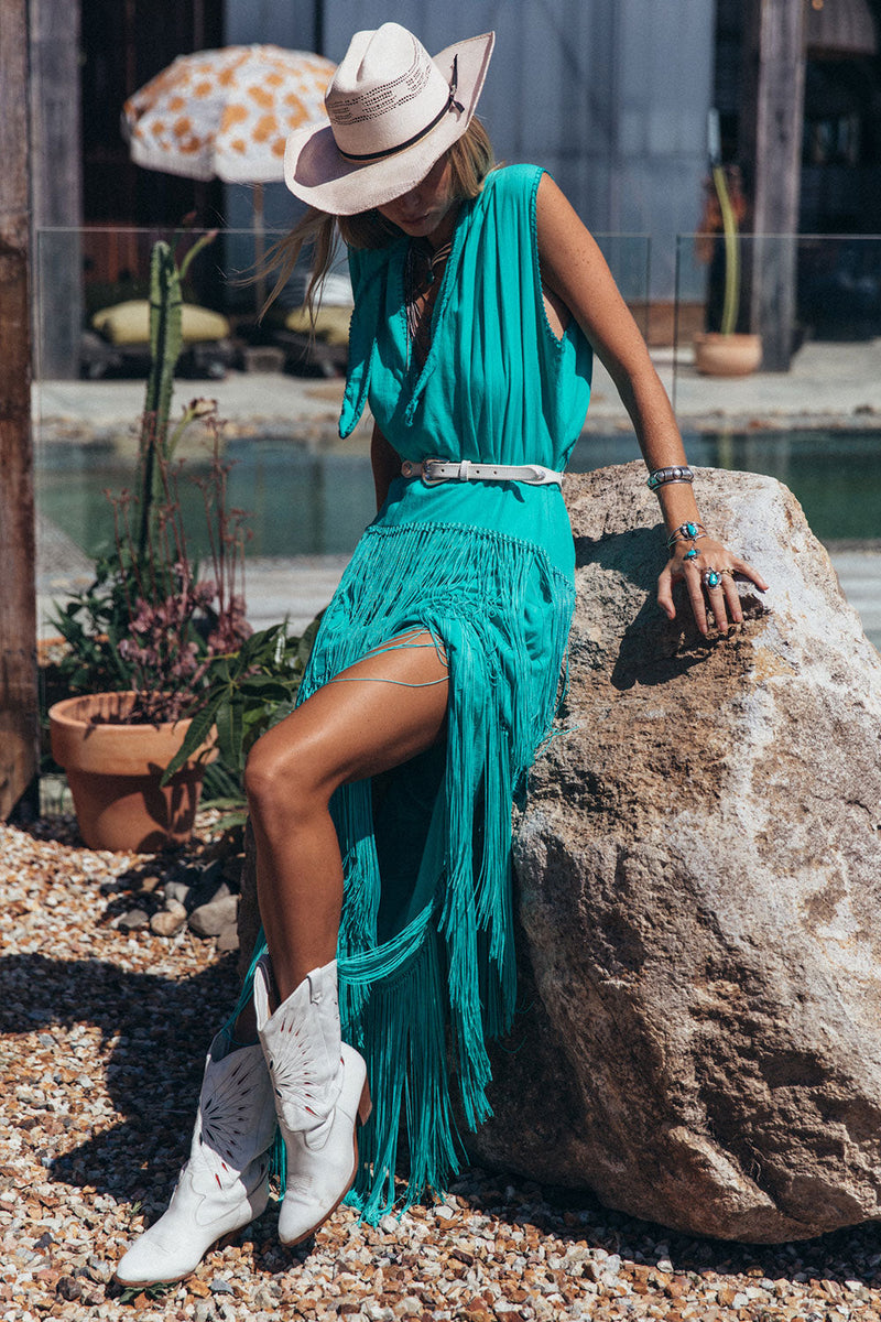 Don’t Look Back Fringe Maxi Dress - Turquoise - Chasing Unicorns
