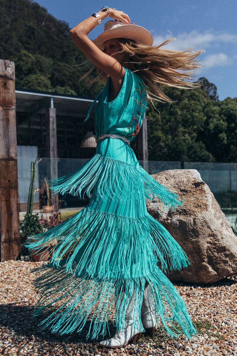 Don’t Look Back Fringe Maxi Dress - Turquoise - Chasing Unicorns