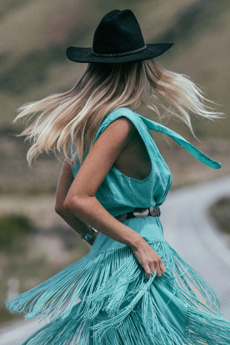 Don’t Look Back Fringe Maxi Dress - Turquoise - Chasing Unicorns