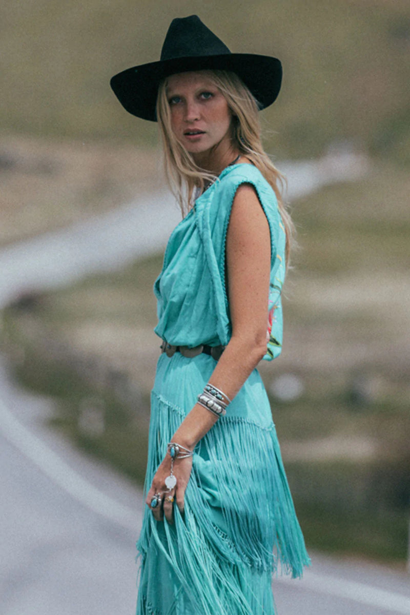 Don’t Look Back Fringe Maxi Dress - Turquoise - Chasing Unicorns