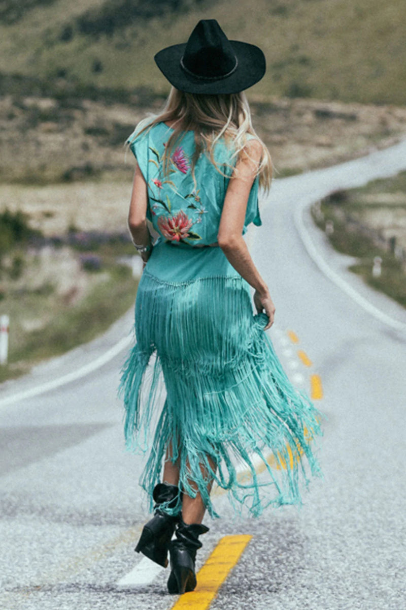 Don’t Look Back Fringe Maxi Dress - Turquoise - Chasing Unicorns