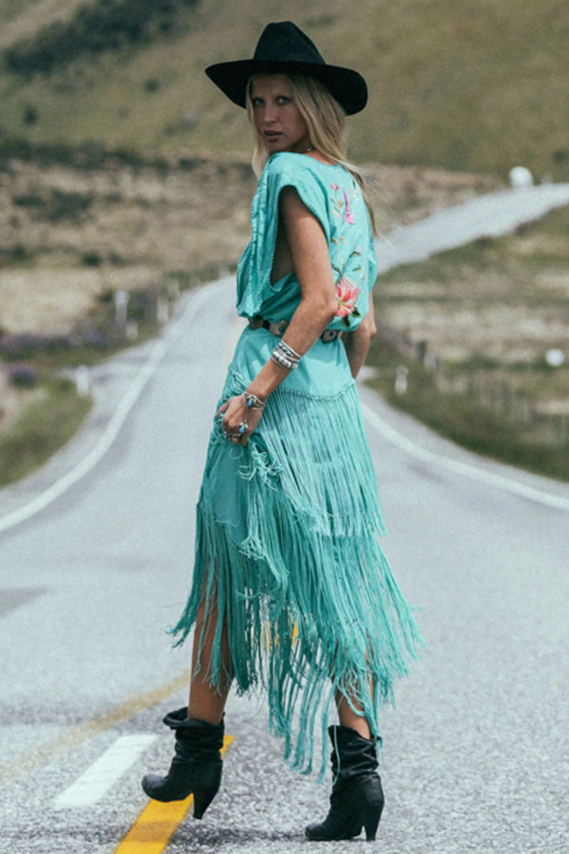 Don’t Look Back Fringe Maxi Dress - Turquoise - Chasing Unicorns
