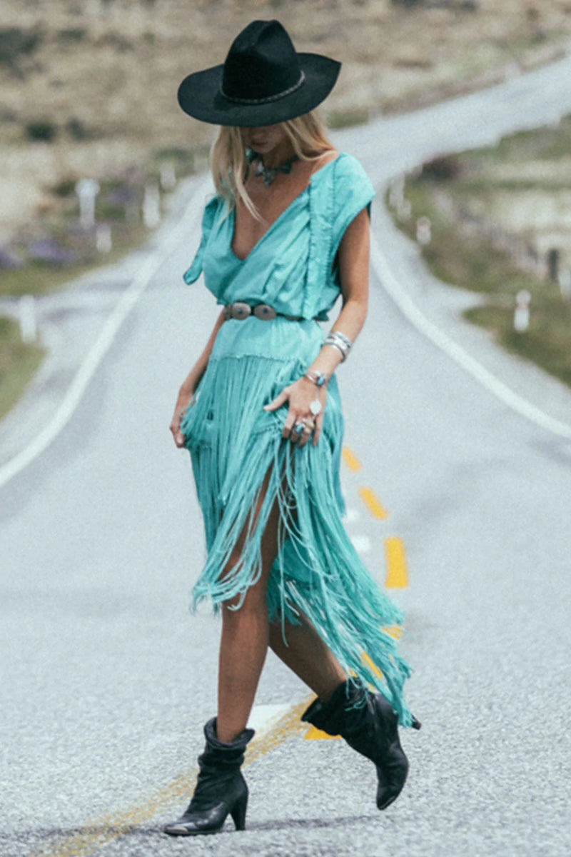Don’t Look Back Fringe Maxi Dress - Turquoise - Chasing Unicorns