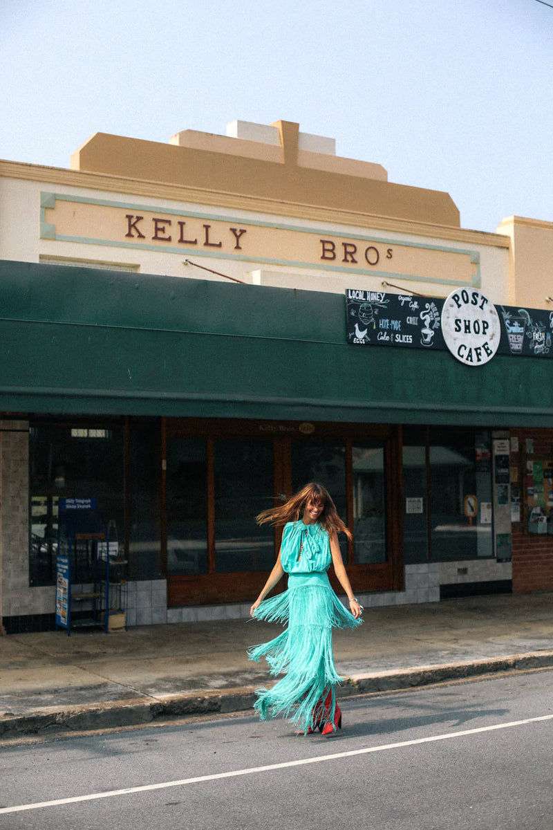 Don’t Look Back Fringe Maxi Dress - Turquoise - Chasing Unicorns