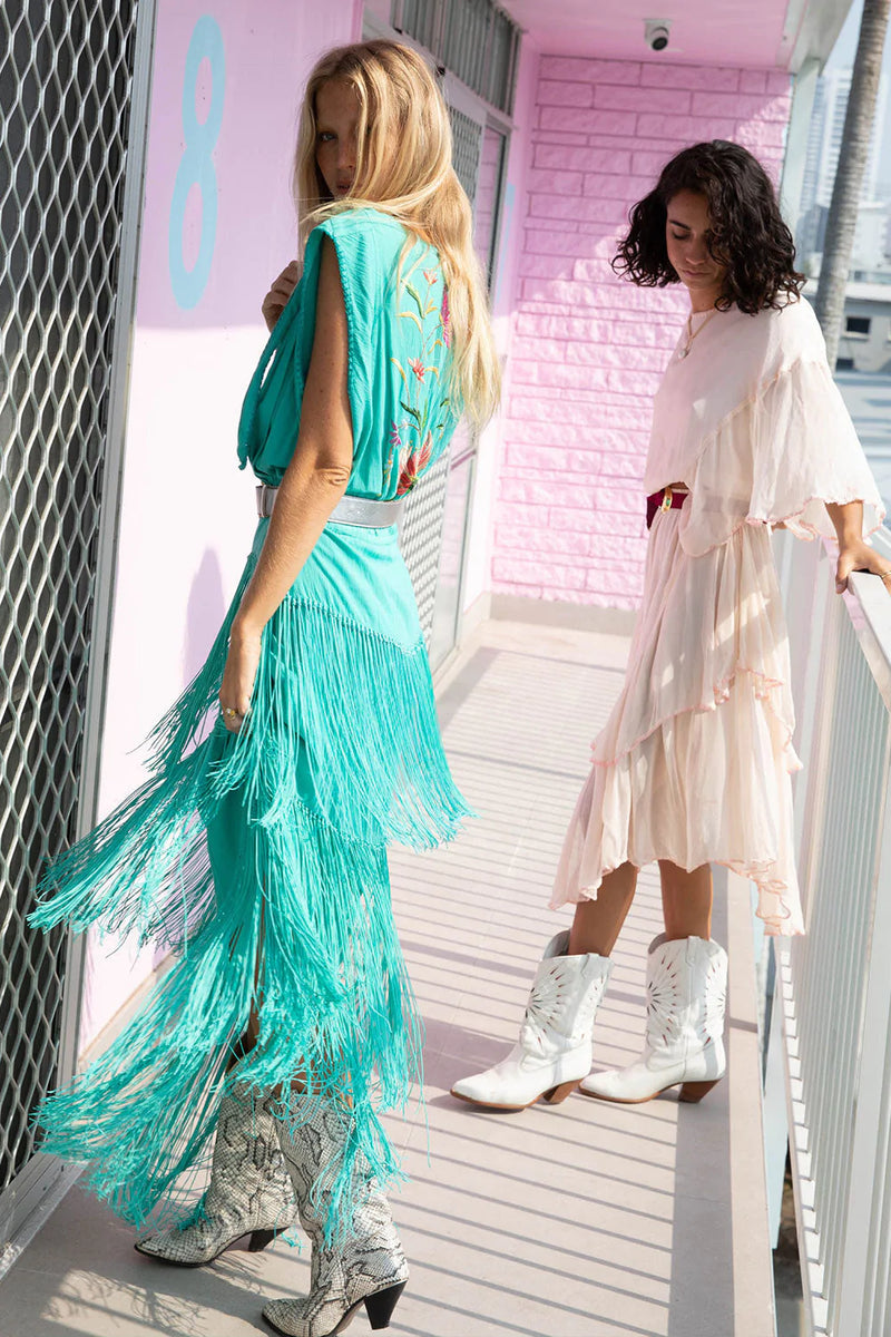 Don’t Look Back Fringe Maxi Dress - Turquoise - Chasing Unicorns