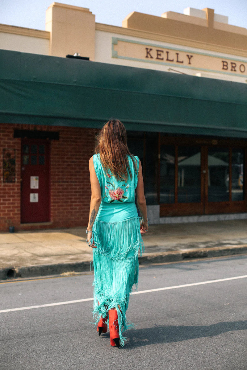 Don’t Look Back Fringe Maxi Dress - Turquoise - Chasing Unicorns