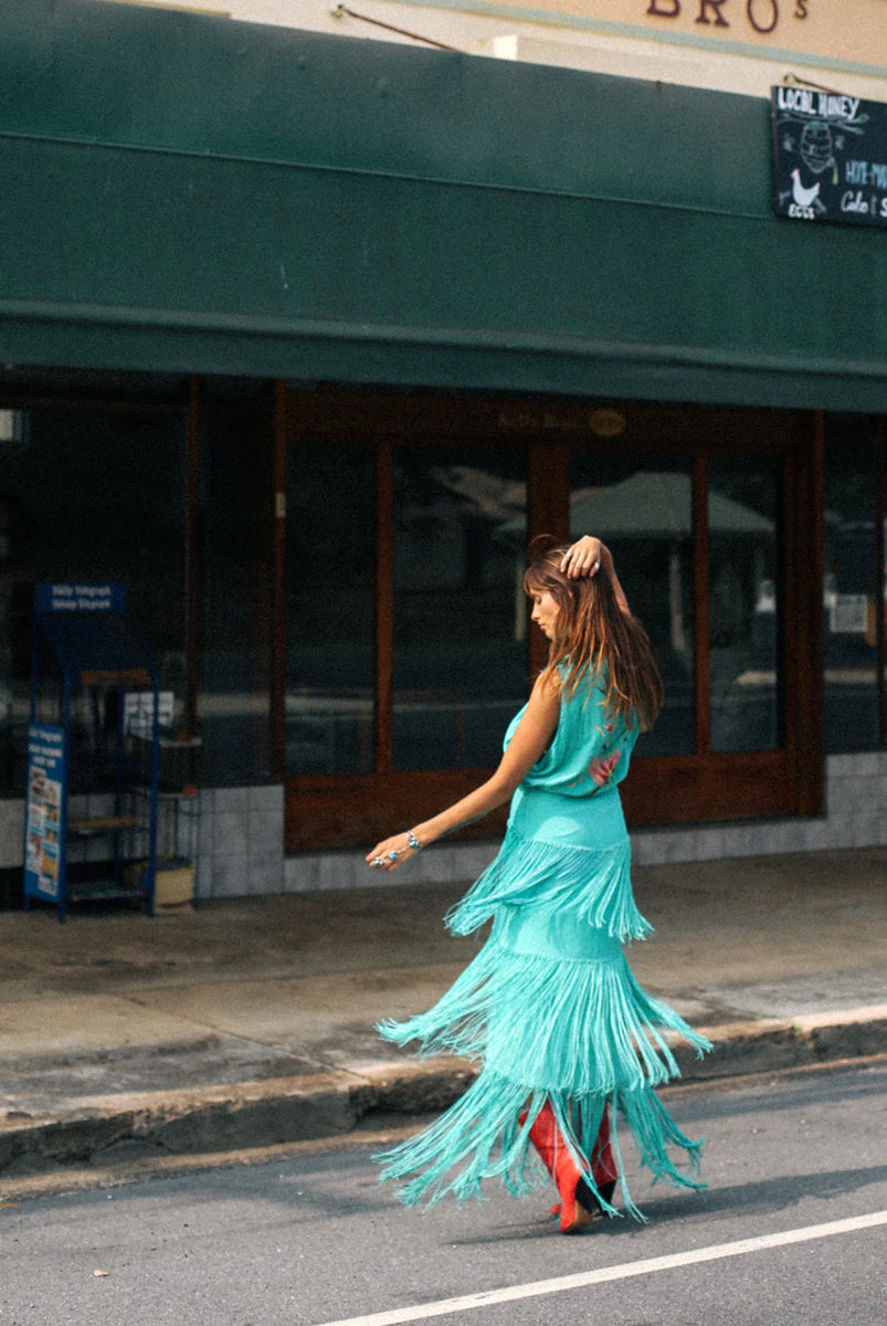 Don’t Look Back Fringe Maxi Dress - Turquoise - Chasing Unicorns
