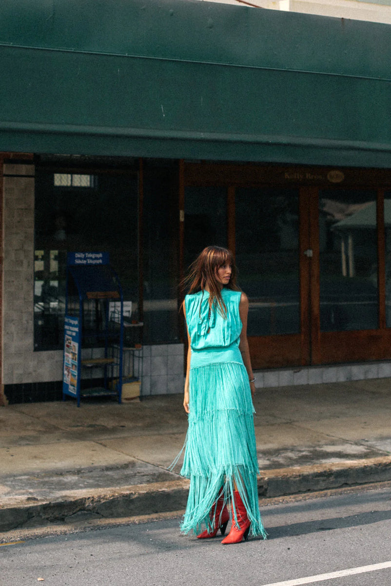 Don’t Look Back Fringe Maxi Dress - Turquoise - Chasing Unicorns