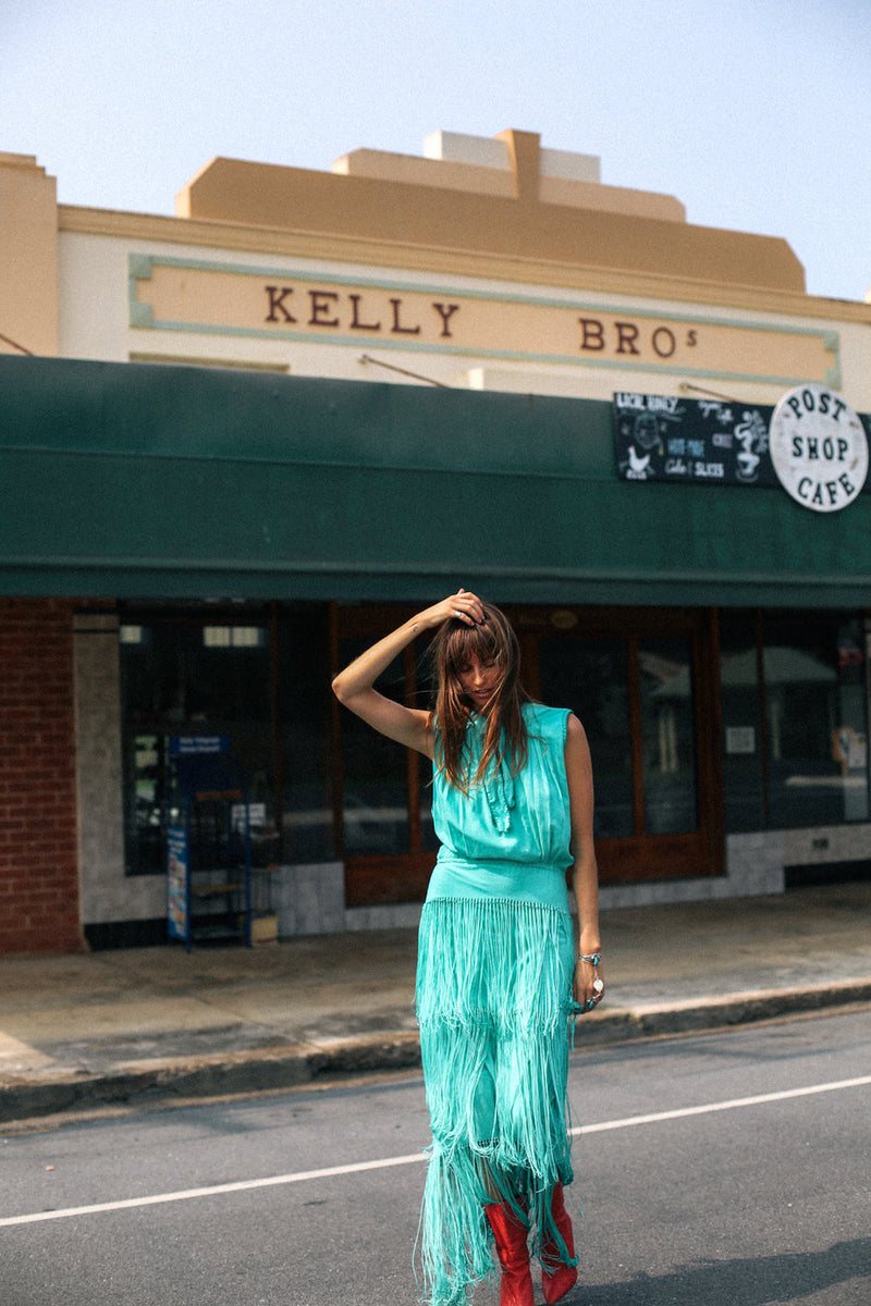 Don’t Look Back Fringe Maxi Dress - Turquoise - Chasing Unicorns