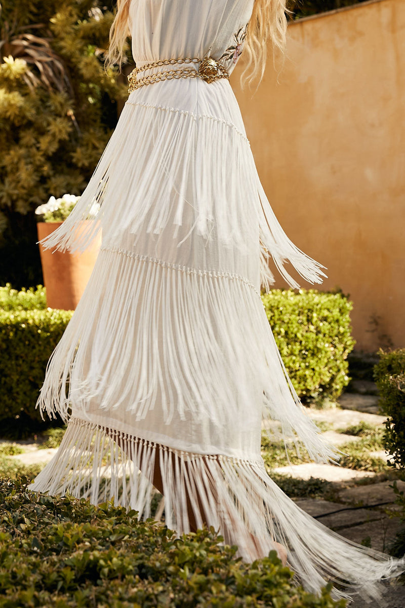 Don’t Look Back Fringe Maxi Dress - White - Chasing Unicorns
