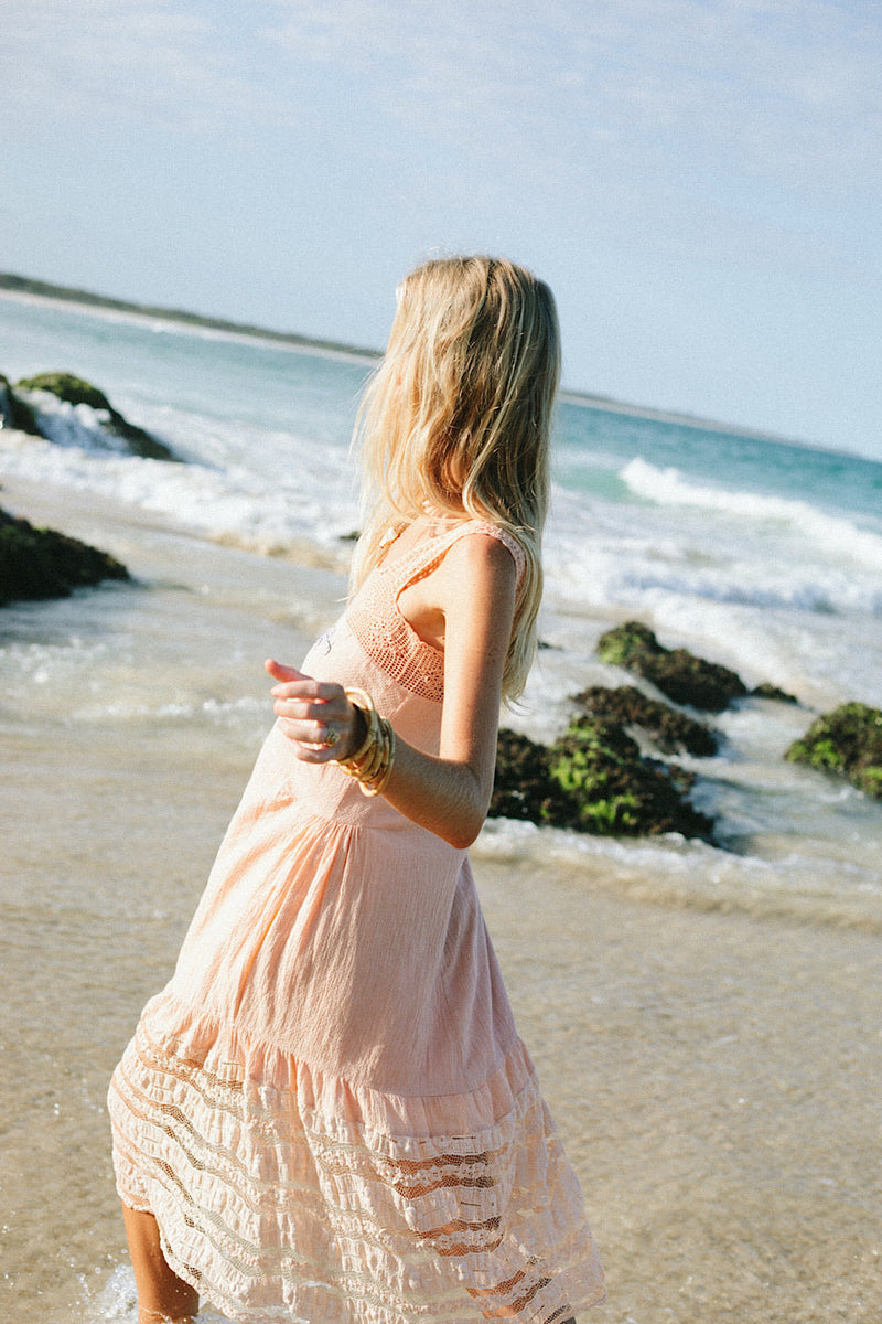 Down By The River Gauze And Lace Midi Dress - Soft Apricot - Chasing Unicorns