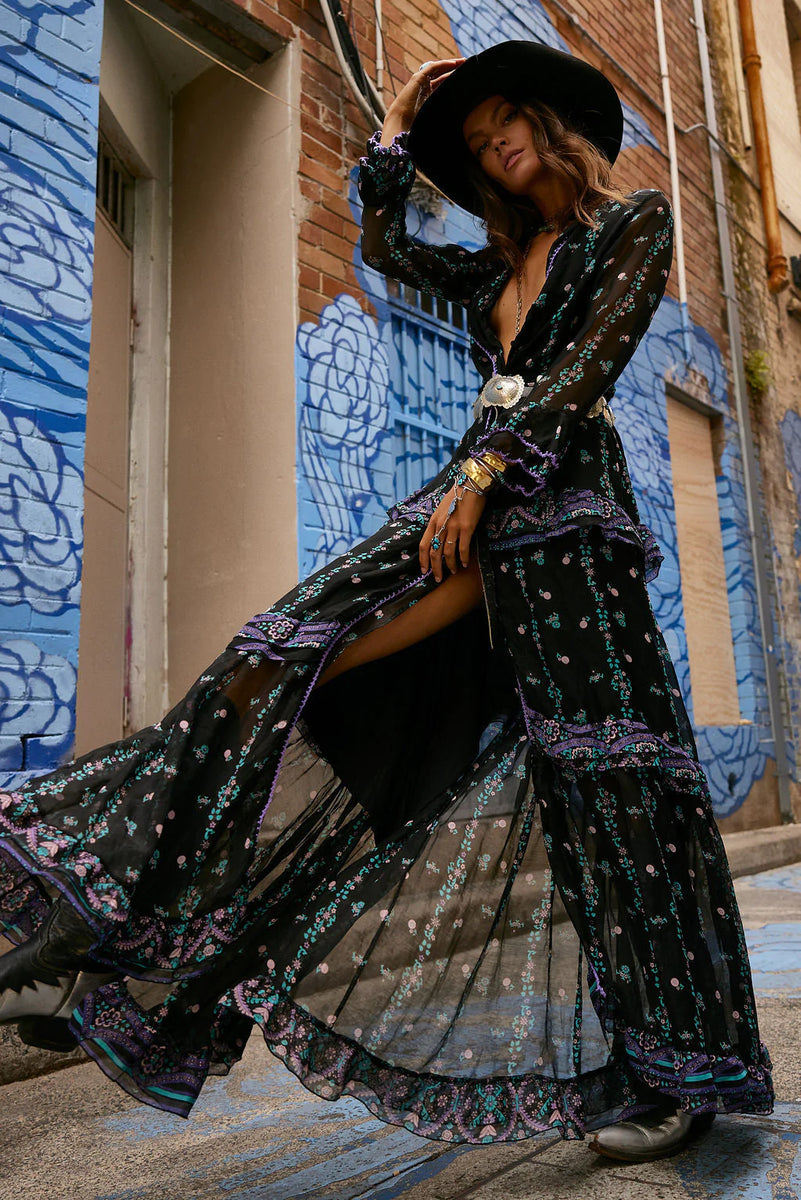Dream On Ruffle Silk/Cotton Maxi Dress - Black Indian print - Chasing Unicorns