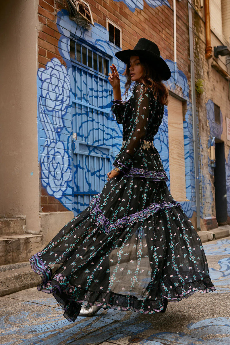 Dream On Ruffle Silk/Cotton Maxi Dress - Black Indian print - Chasing Unicorns