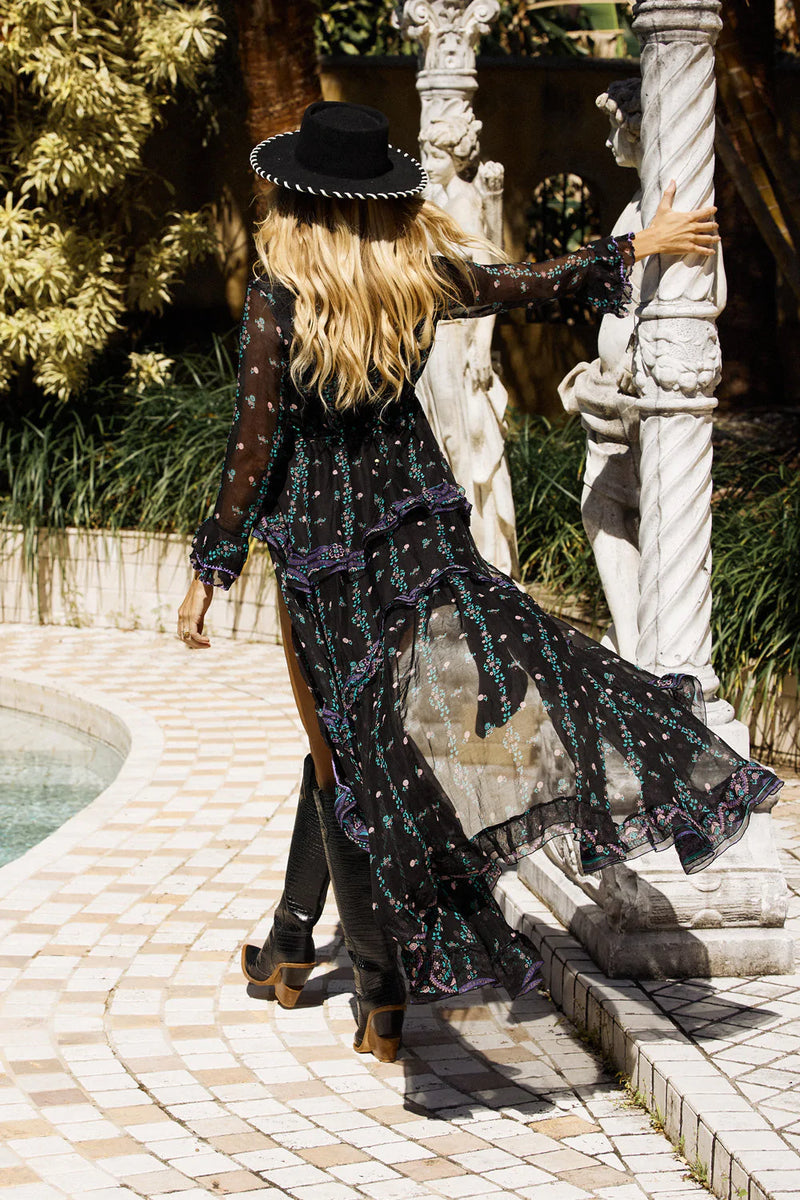 Dream On Ruffle Silk/Cotton Maxi Dress - Black Indian print - Chasing Unicorns