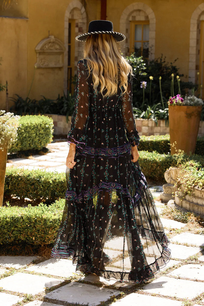 Dream On Ruffle Silk/Cotton Maxi Dress - Black Indian print - Chasing Unicorns