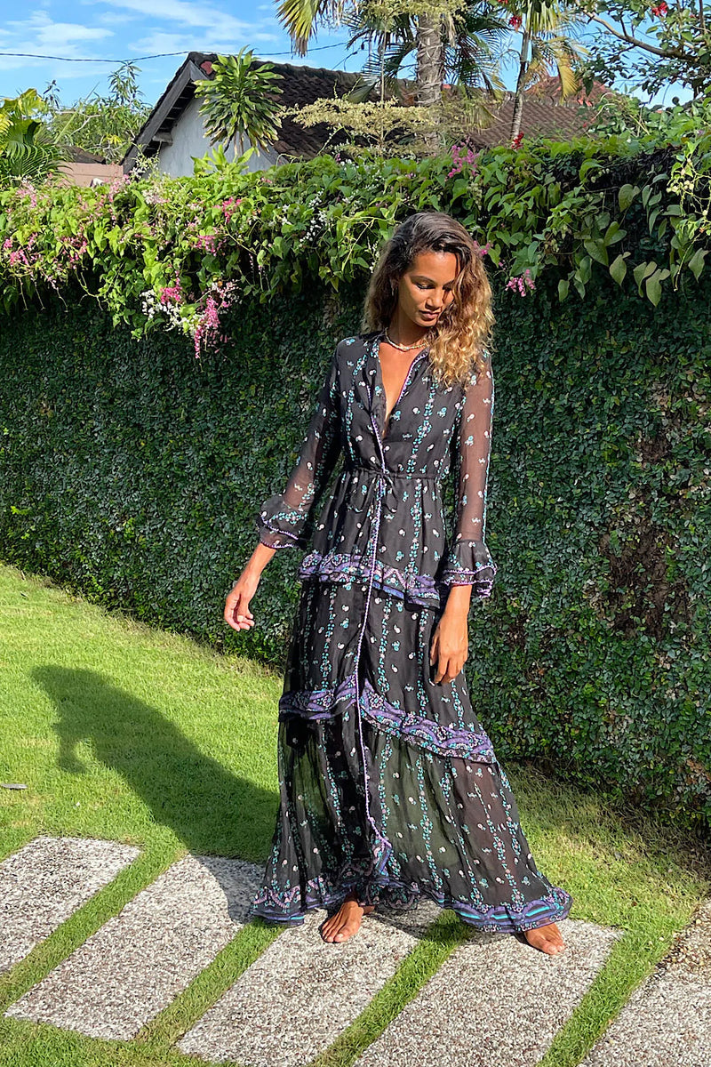 Dream On Ruffle Silk/Cotton Maxi Dress - Black Indian print - Chasing Unicorns