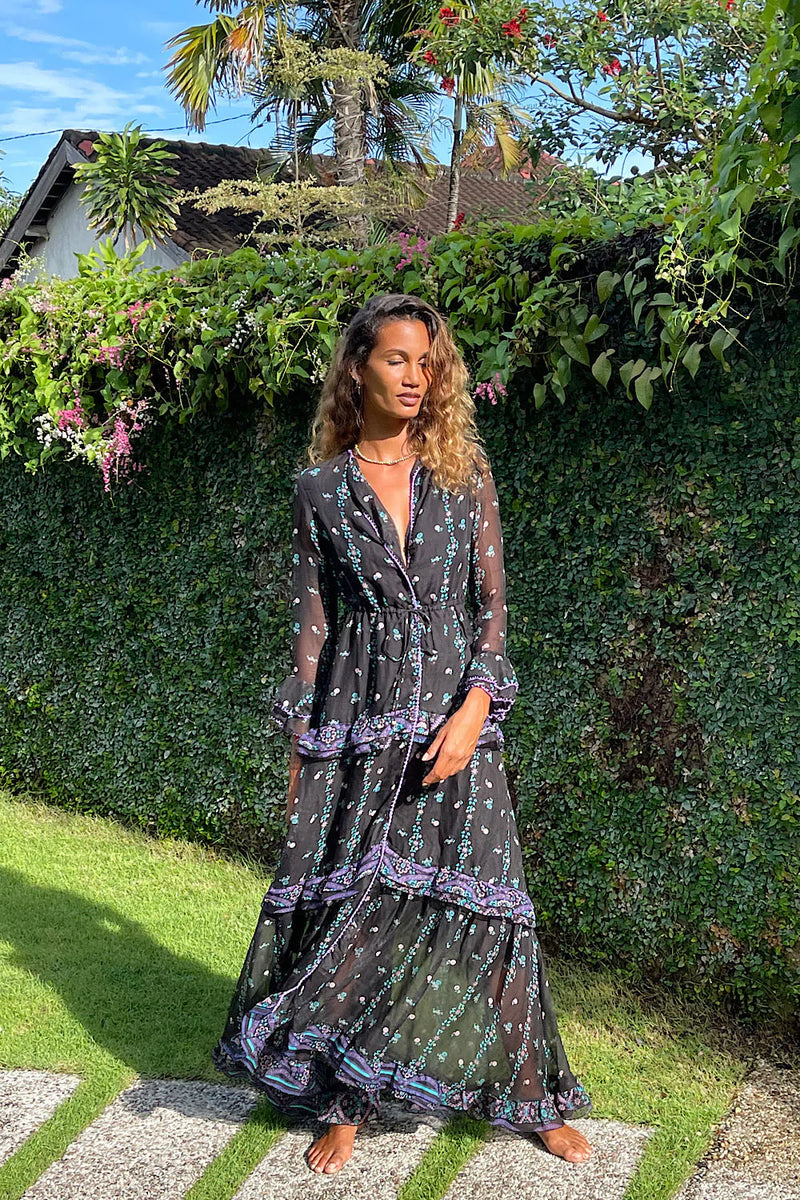 Dream On Ruffle Silk/Cotton Maxi Dress - Black Indian print - Chasing Unicorns