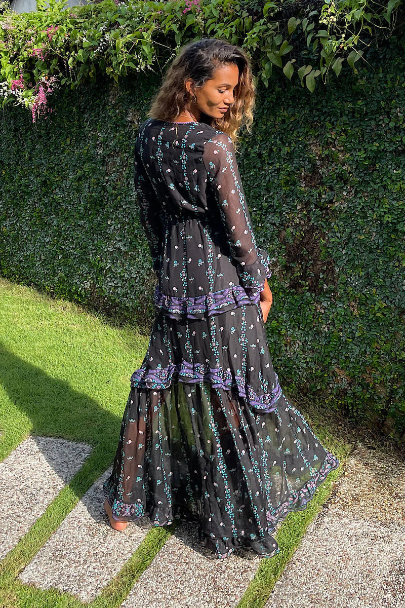 Dream On Ruffle Silk/Cotton Maxi Dress - Black Indian print - Chasing Unicorns