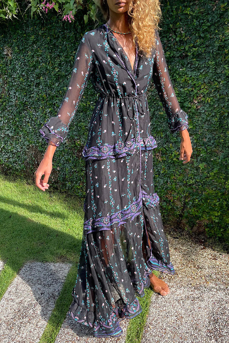 Dream On Ruffle Silk/Cotton Maxi Dress - Black Indian print - Chasing Unicorns