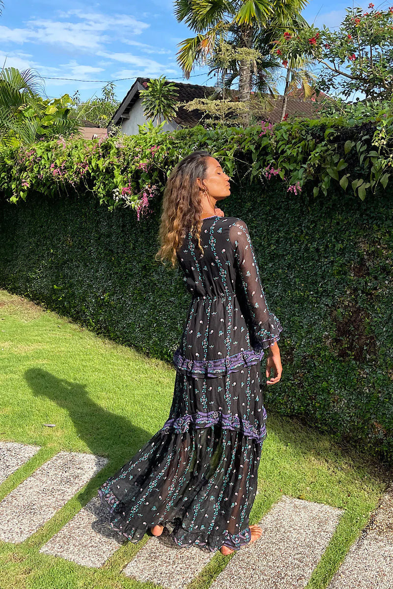 Dream On Ruffle Silk/Cotton Maxi Dress - Black Indian print - Chasing Unicorns