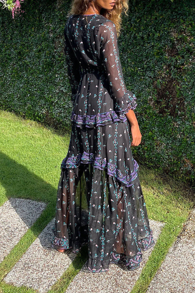 Dream On Ruffle Silk/Cotton Maxi Dress - Black Indian print - Chasing Unicorns