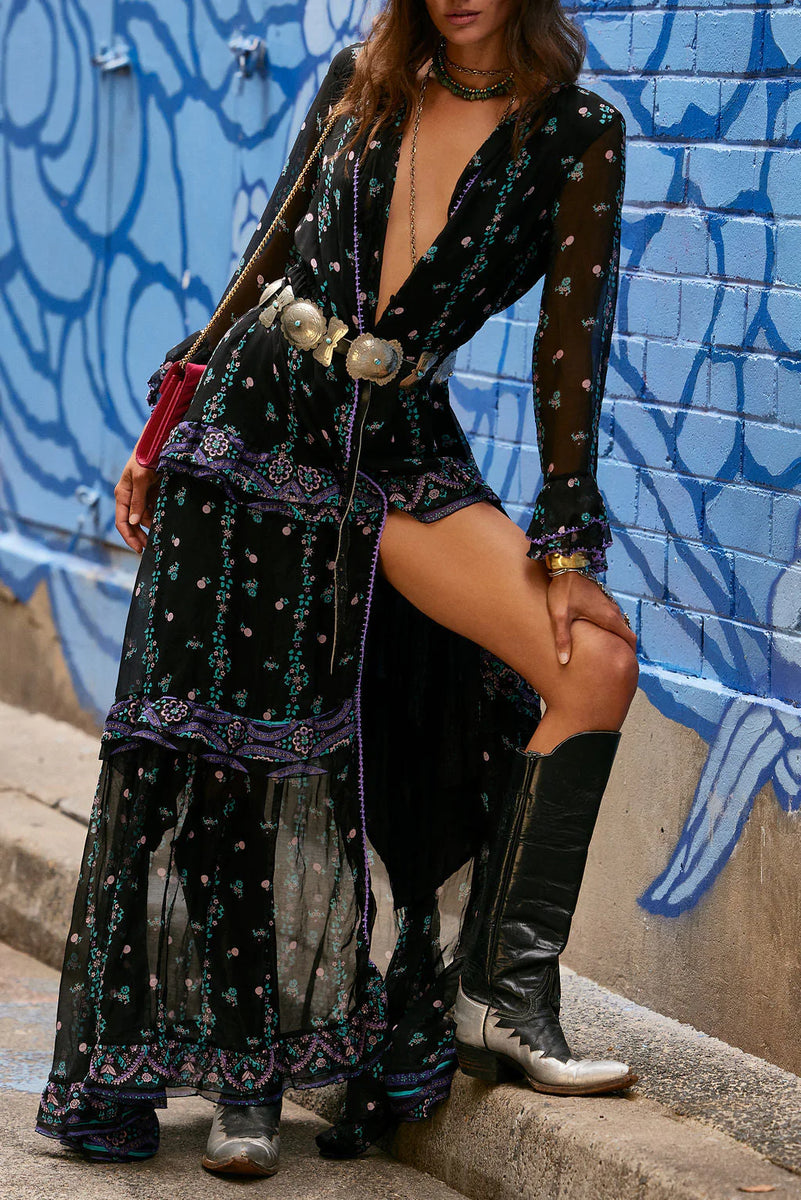 Dream On Ruffle Silk/Cotton Maxi Dress - Black Indian print - Chasing Unicorns