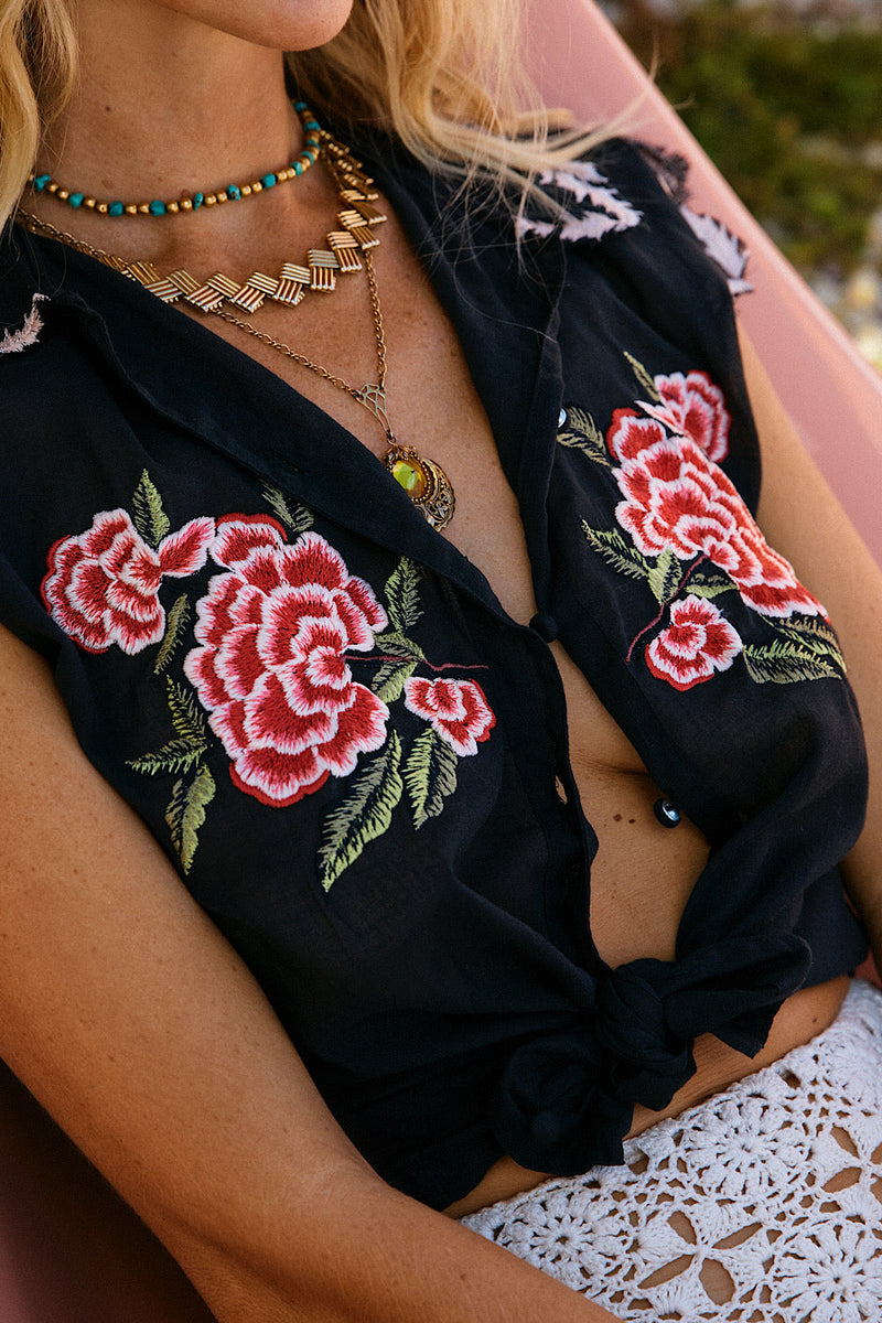 Driving Nowhere Cotton Embroidered Sleeveless Blouse - Black - Chasing Unicorns