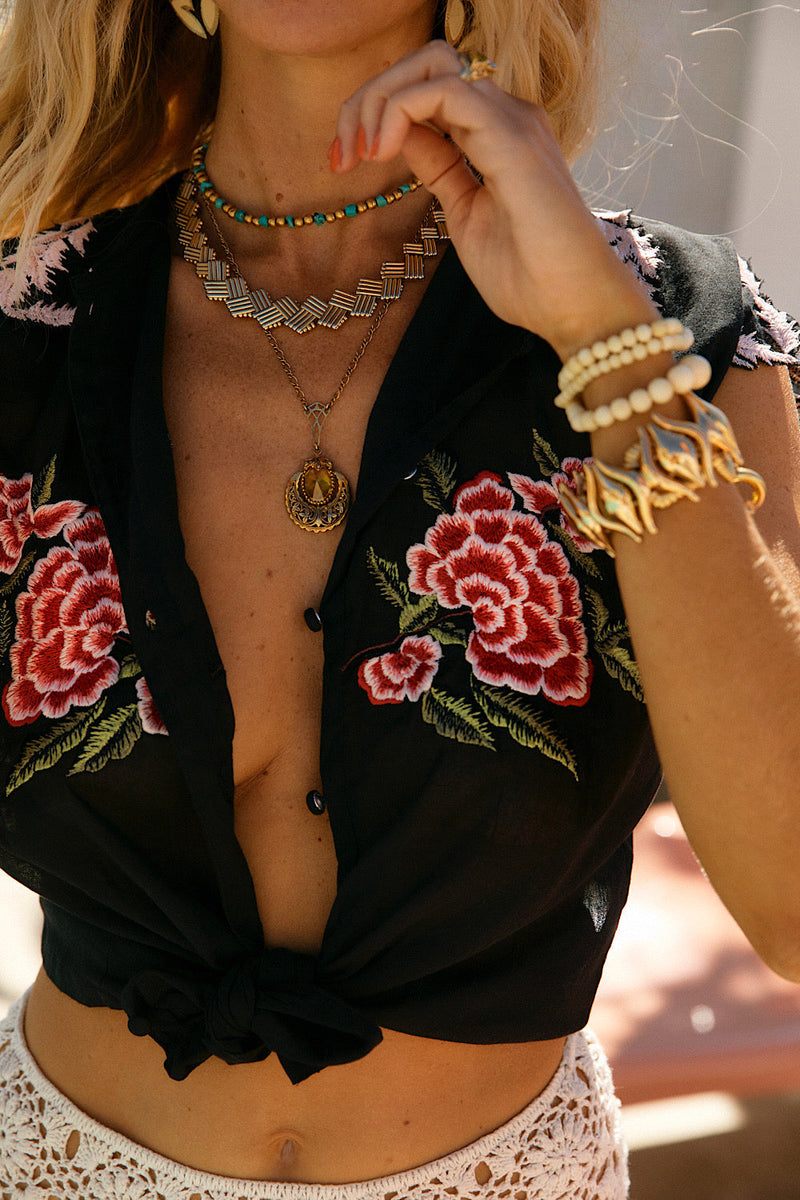 Driving Nowhere Cotton Embroidered Sleeveless Blouse - Black - Chasing Unicorns