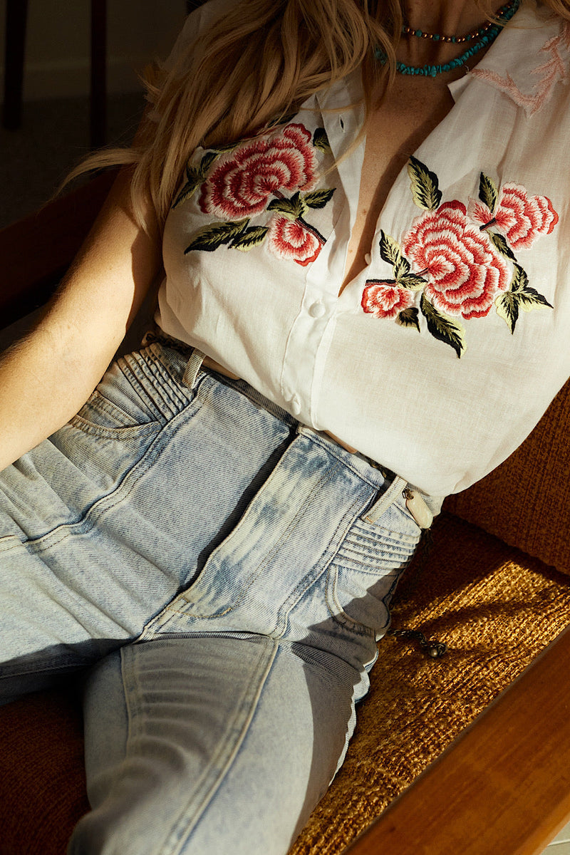 Driving Nowhere Cotton Embroidered Sleeveless Blouse - White - Chasing Unicorns
