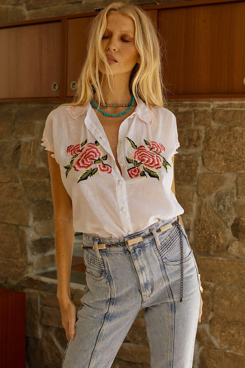 Driving Nowhere Cotton Embroidered Sleeveless Blouse - White - Chasing Unicorns