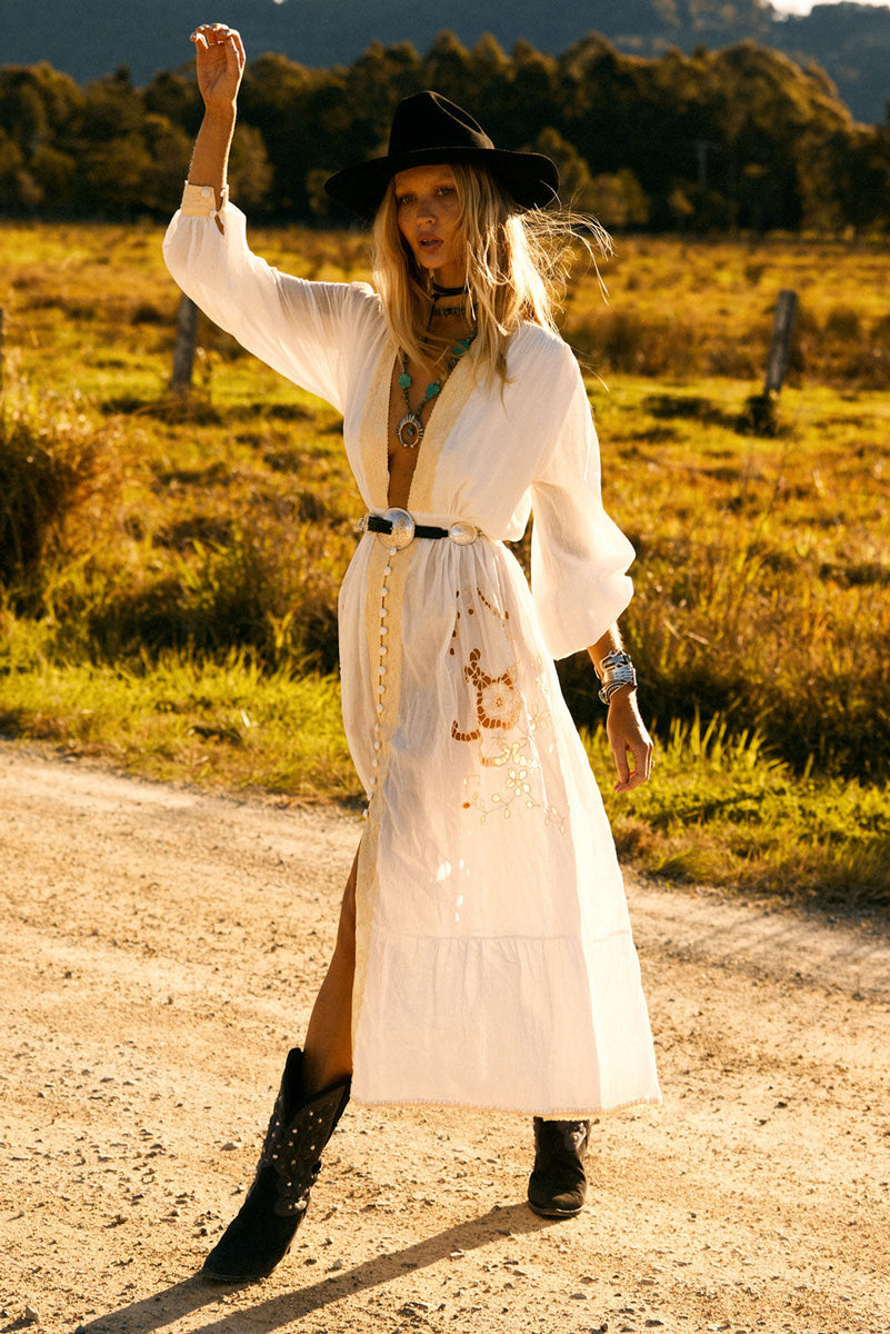 Enter The Dreamland Embroidered Duster Dress- White - Chasing Unicorns