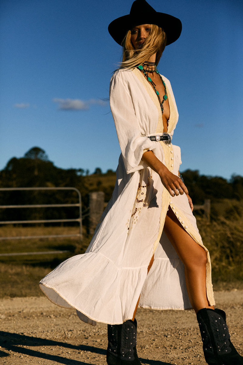 Enter The Dreamland Embroidered Duster Dress- White - Chasing Unicorns