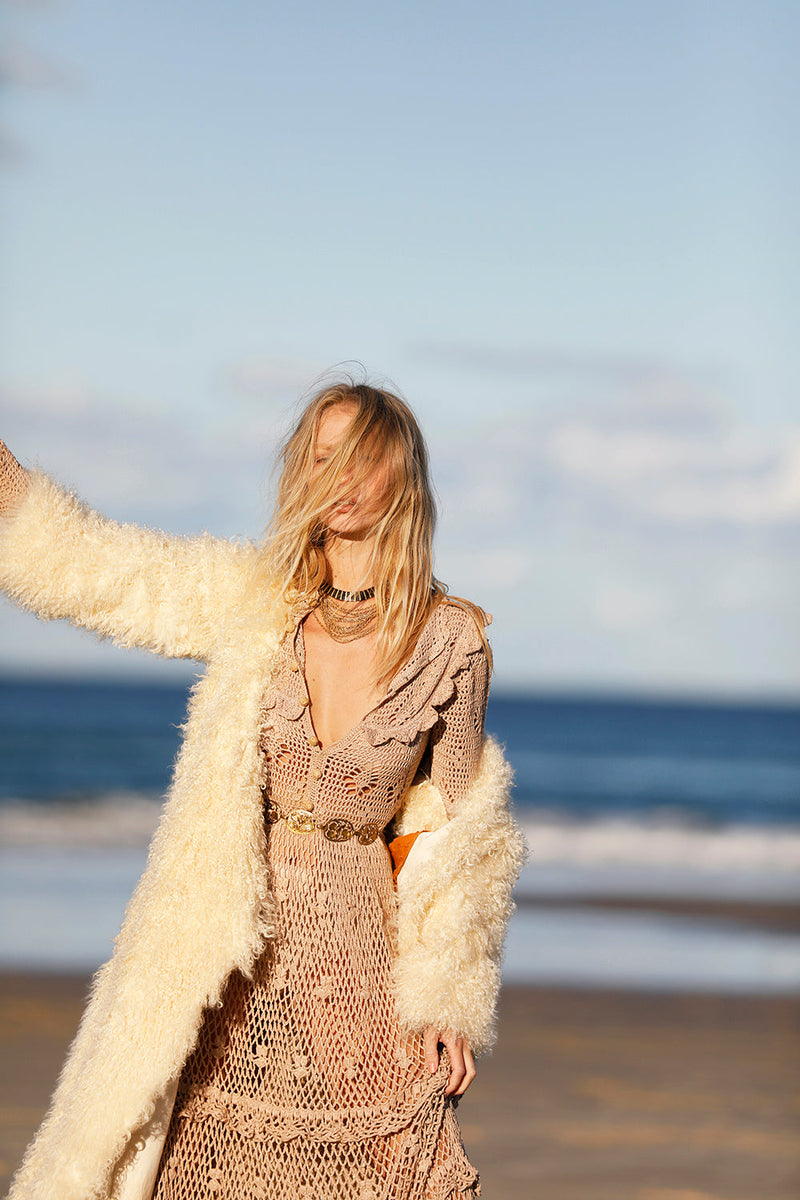 Fire On The Mountain Crochet Ruffle Maxi Dress - Latte - Chasing Unicorns