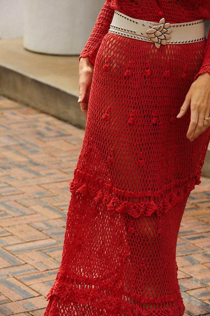 Fire On The Mountain Crochet Ruffle Maxi Dress - Red - Chasing Unicorns
