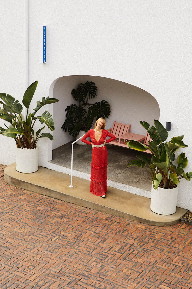 Fire On The Mountain Crochet Ruffle Maxi Dress - Red - Chasing Unicorns