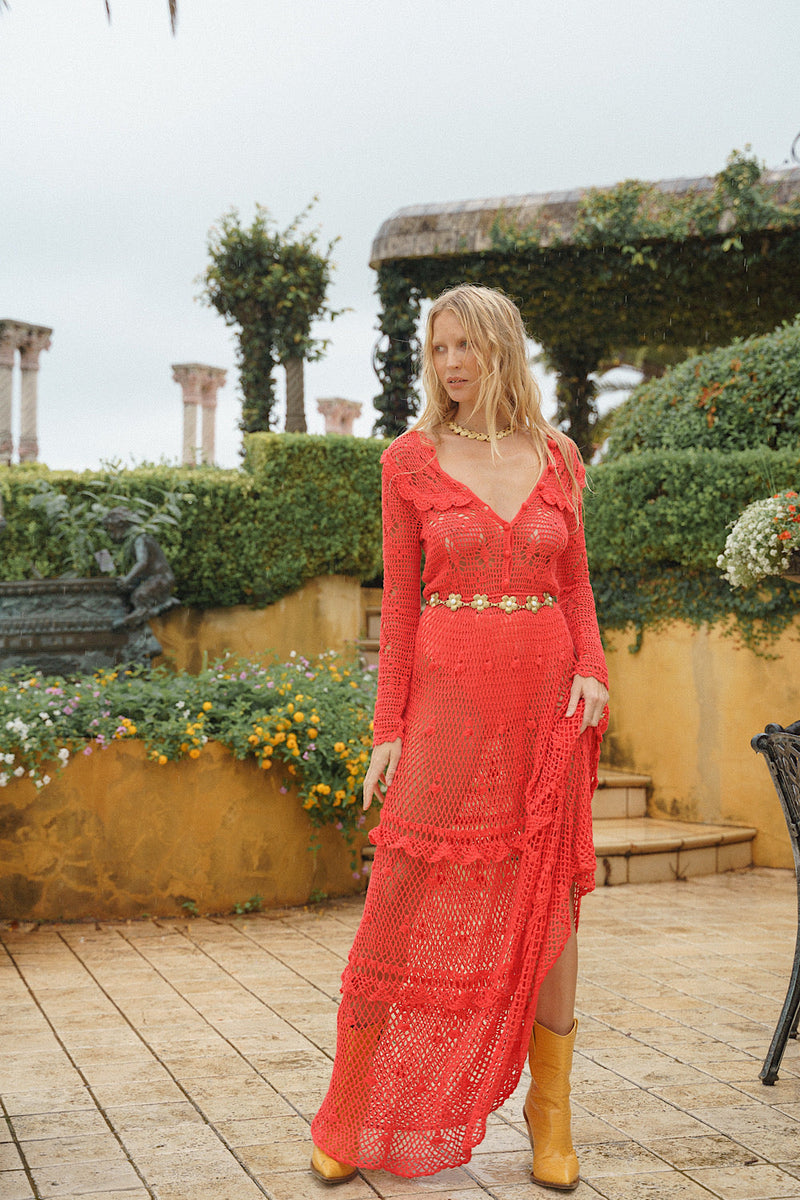 Fire On The Mountain Crochet Ruffle Maxi Dress - Red - Chasing Unicorns