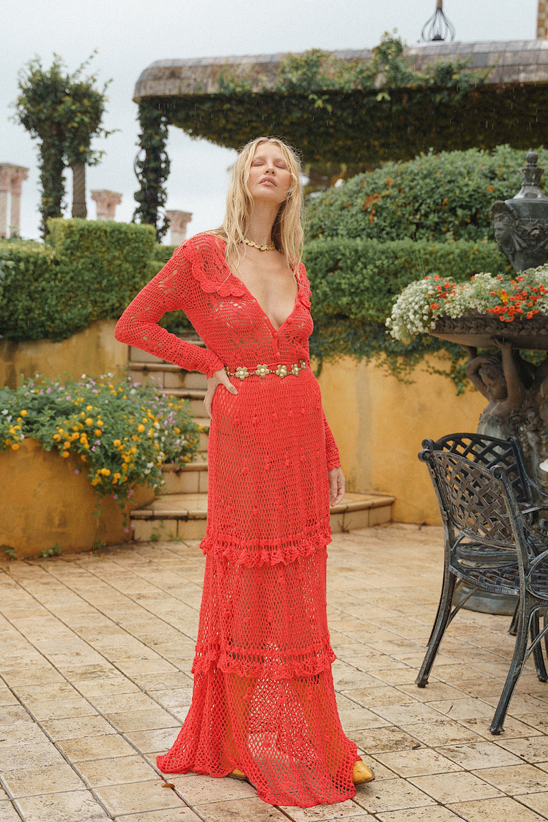 Fire On The Mountain Crochet Ruffle Maxi Dress - Red - Chasing Unicorns