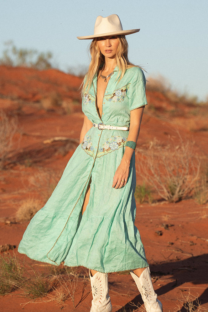 Flowers On The Wall Embroidered Midi Dress - Green Lagoon