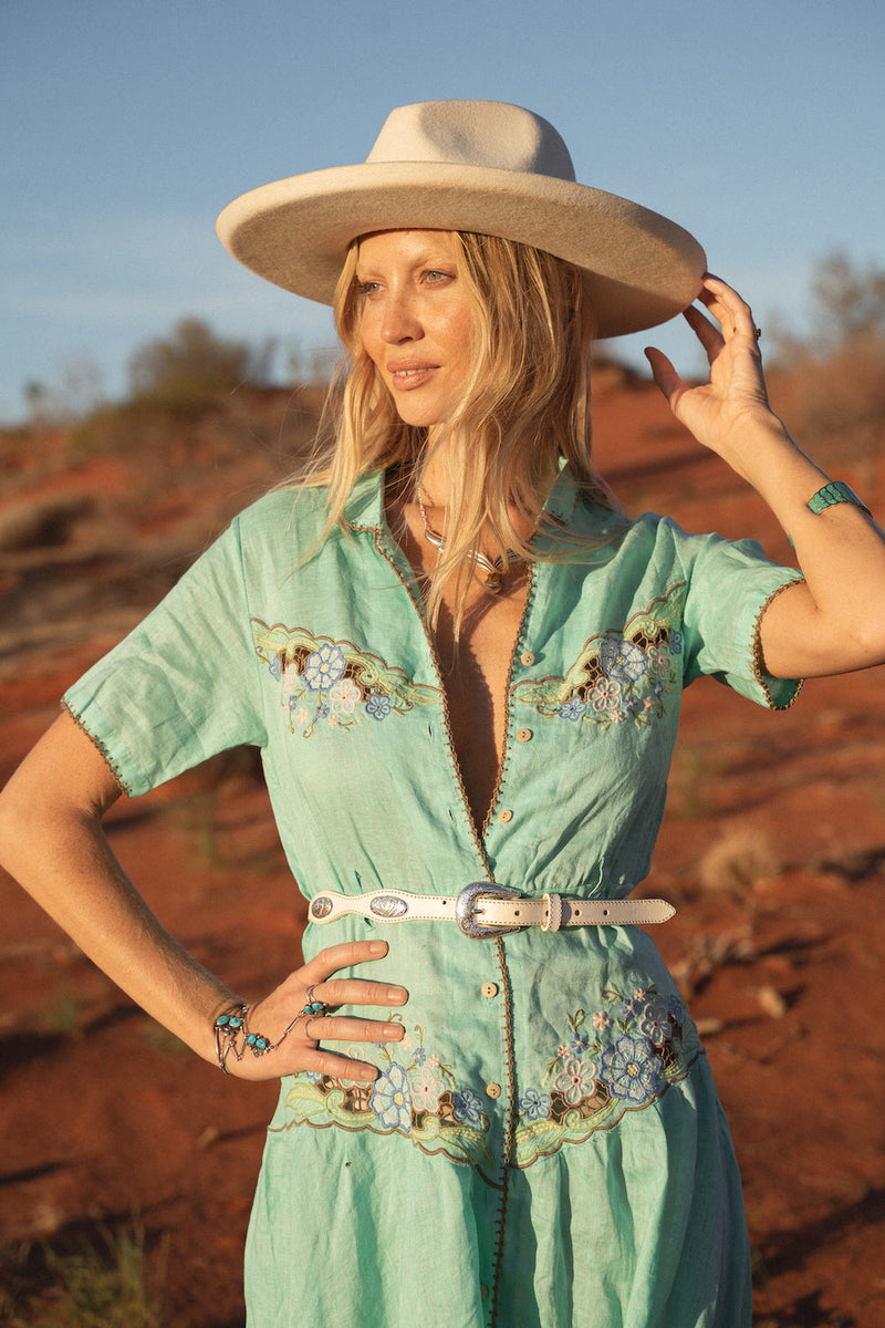 Flowers On The Wall Embroidered Midi Dress - Green Lagoon - Chasing Unicorns