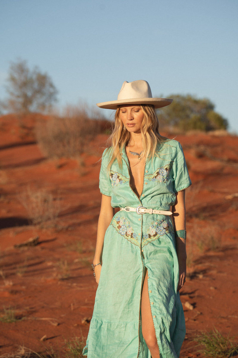 Flowers On The Wall Embroidered Midi Dress - Green Lagoon - Chasing Unicorns