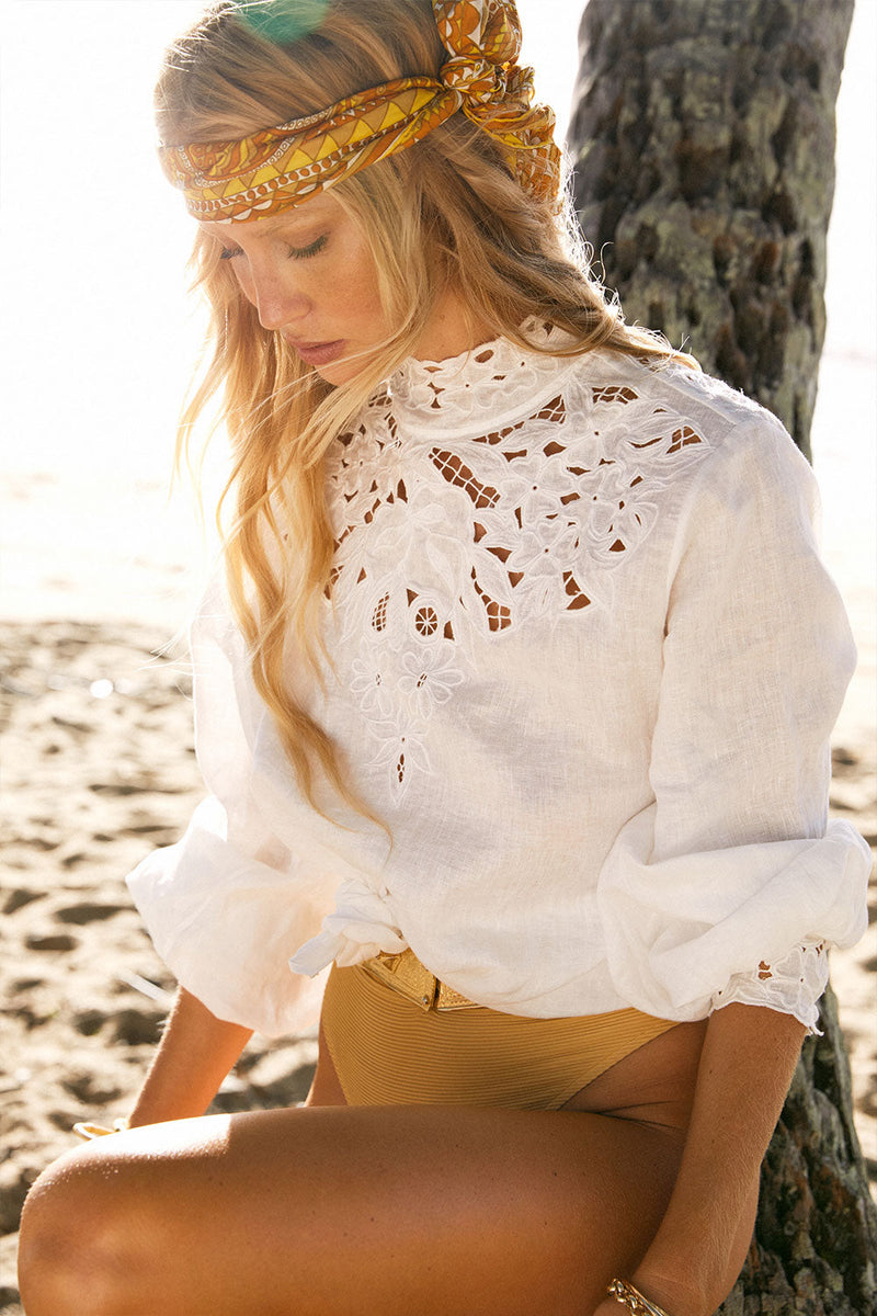 For The Roses Linen Cutwork Embroidered Blouse - Chasing Unicorns