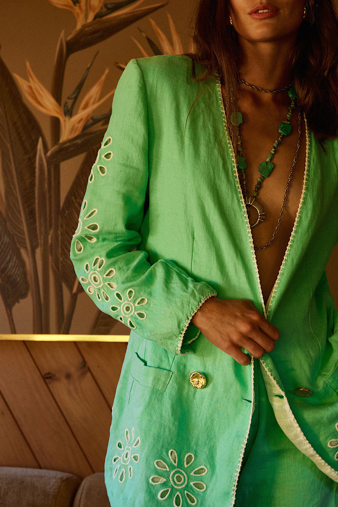 Further Up The Road Cutwork Embroidered Blazer - Mint