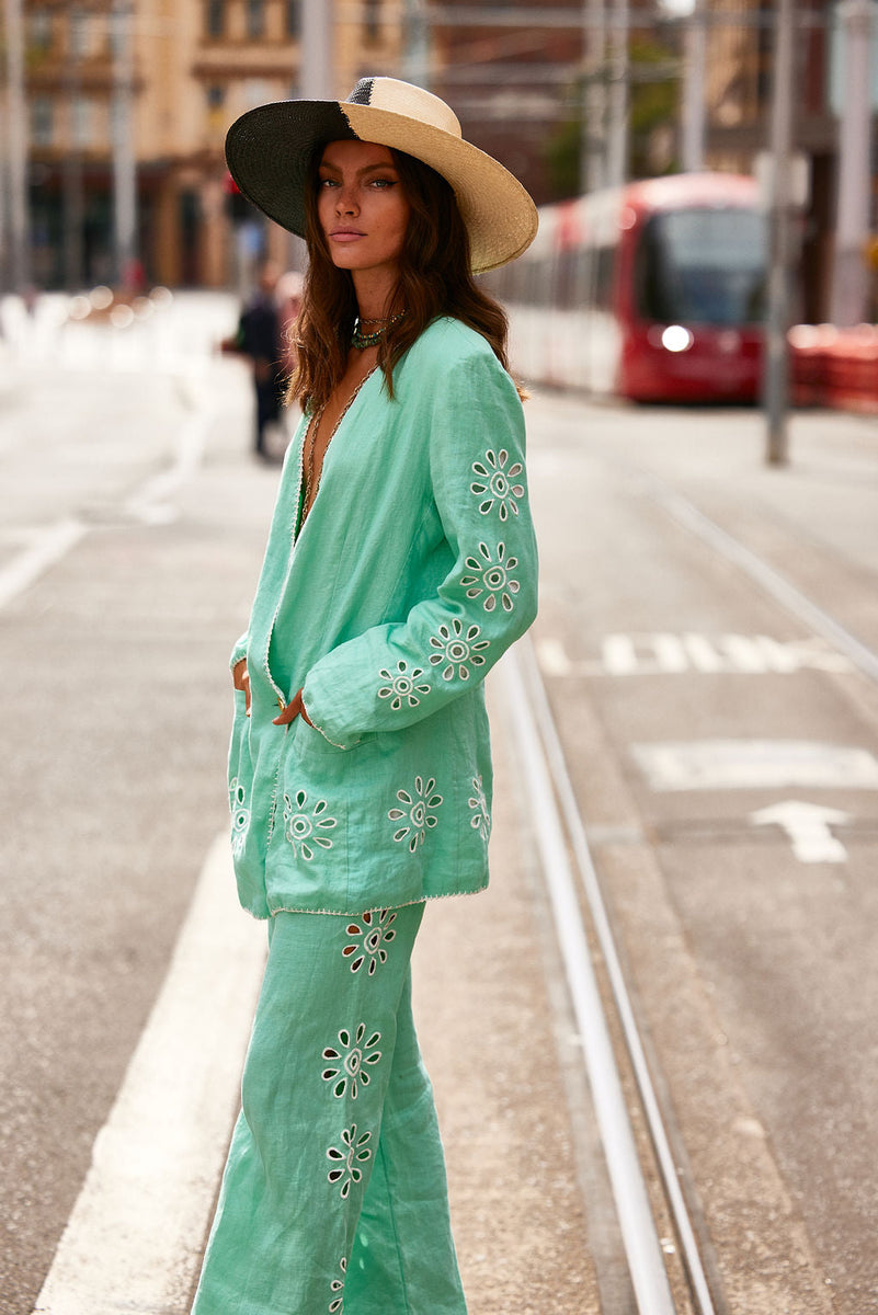 Further Up The Road Cutwork Embroidered Blazer - mint - Chasing Unicorns