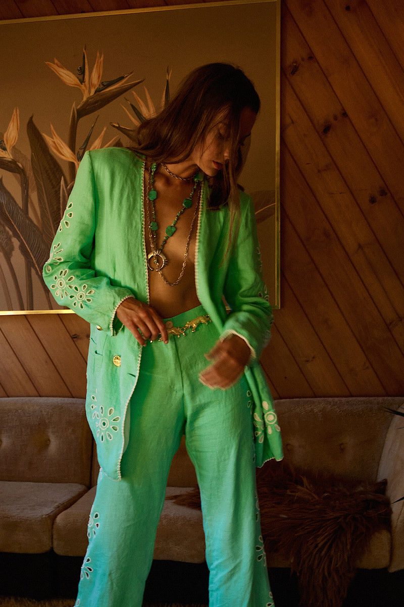 Further Up The Road Cutwork Linen Flares - Mint - Chasing Unicorns