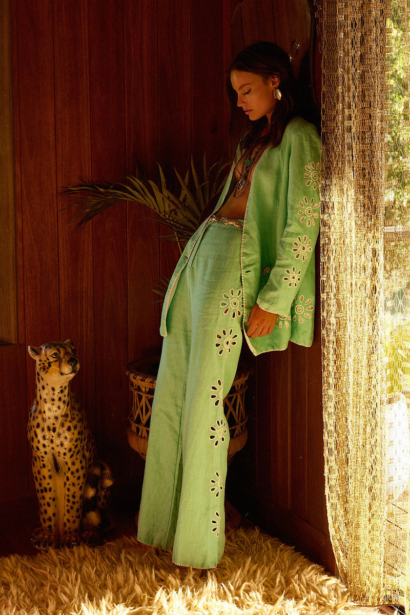 Further Up The Road Cutwork Linen Flares - Mint - Chasing Unicorns